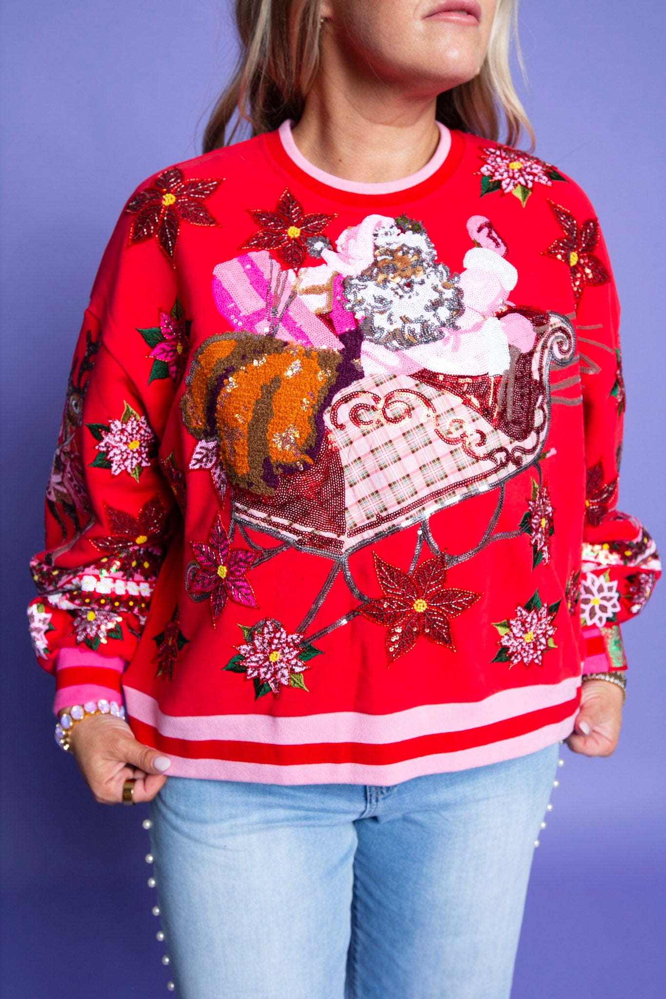 QUEEN OF SPARKLES | Red & Pink Vintage Poinsettia Santa Sweatshirt