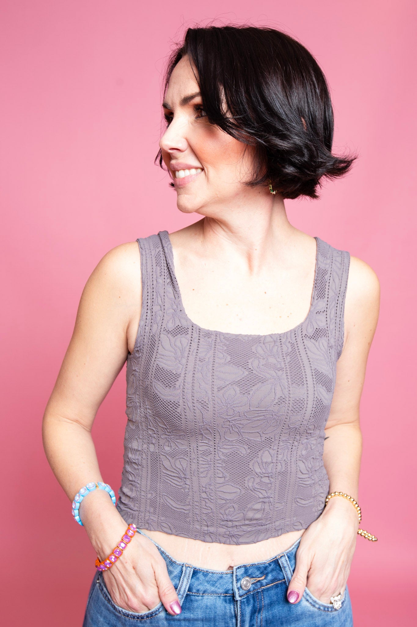 Double Lace Square Crop Top | Gray