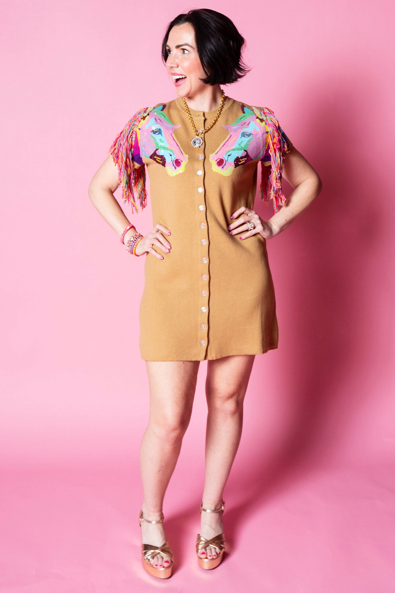 QUEEN OF SPARKLES | Tan Horse Head Button Up Fringe Knit Dress