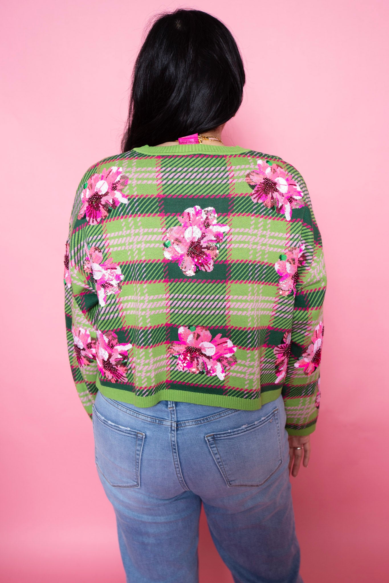 Queen of Sparkles | Green & Pink Plaid Azalea Tie Up Sweater
