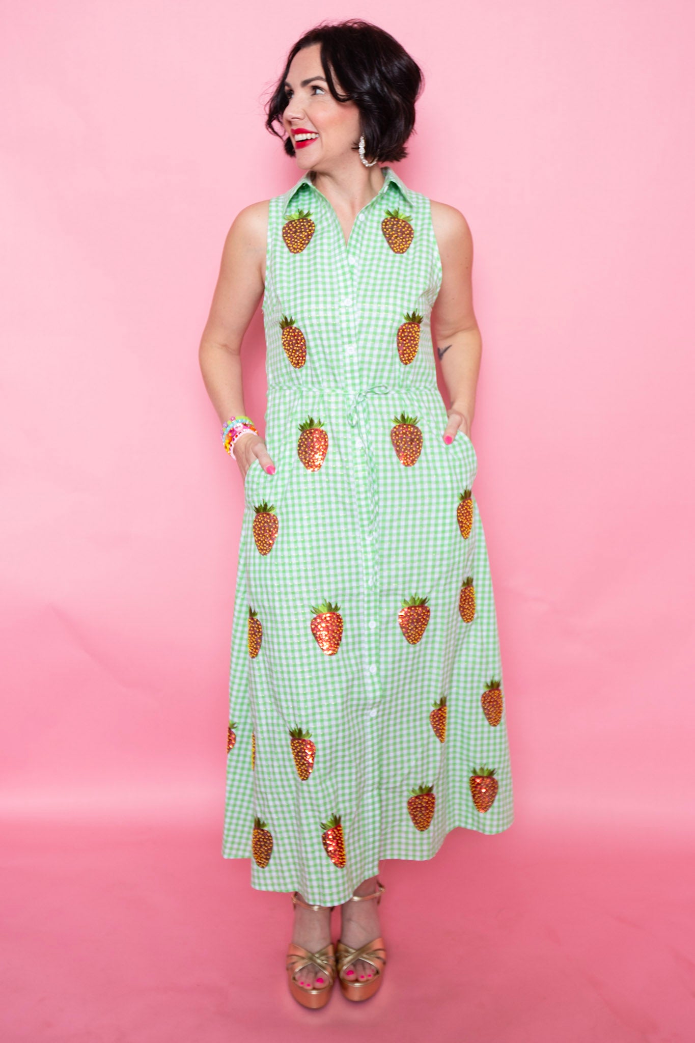 Queen Of Sparkles | Green & White Gingham Beaded Strawberry Button Up Collar Midi Dress