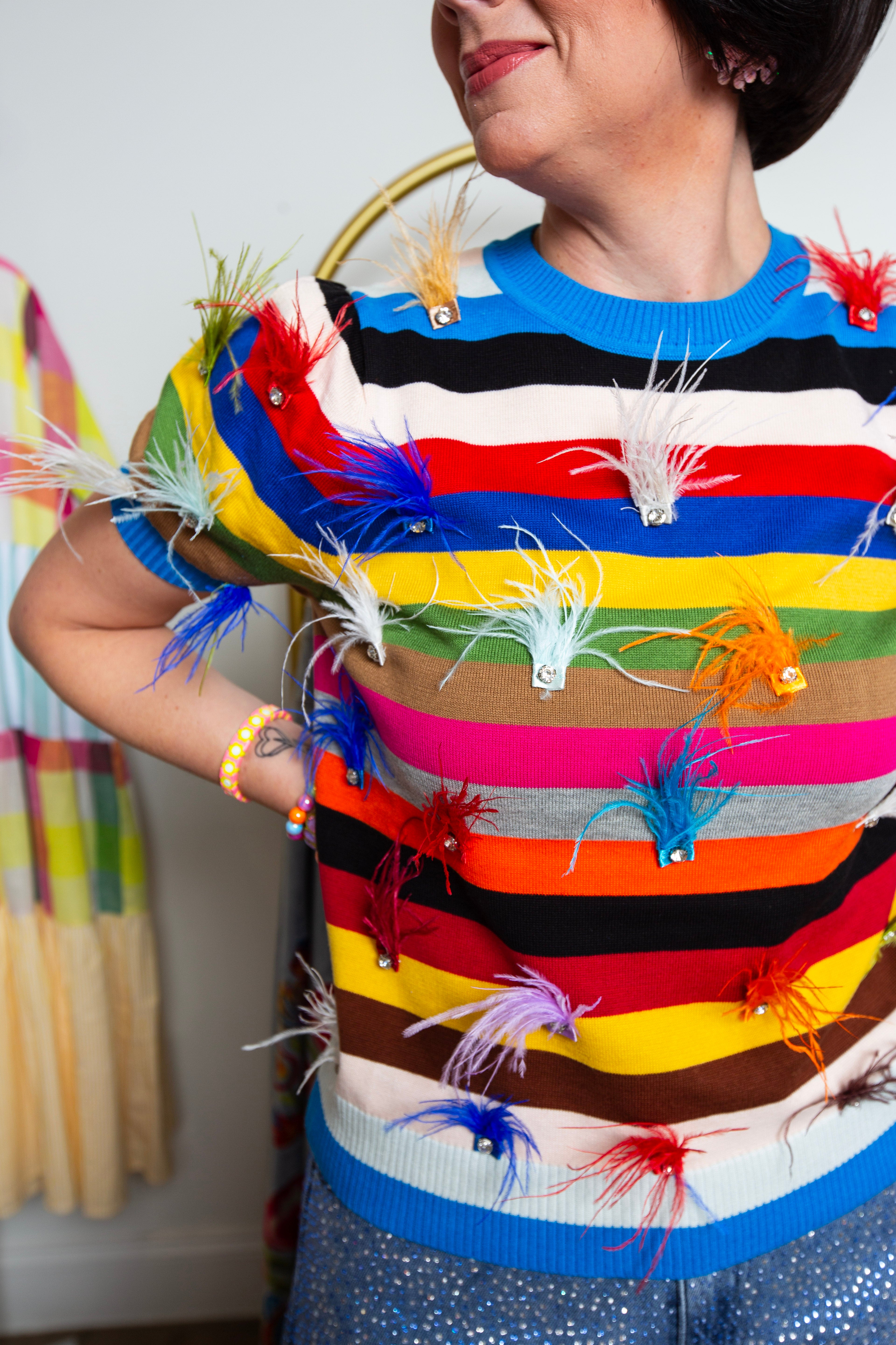 Queen Of Sparkles | Feather Stripes Knit Top
