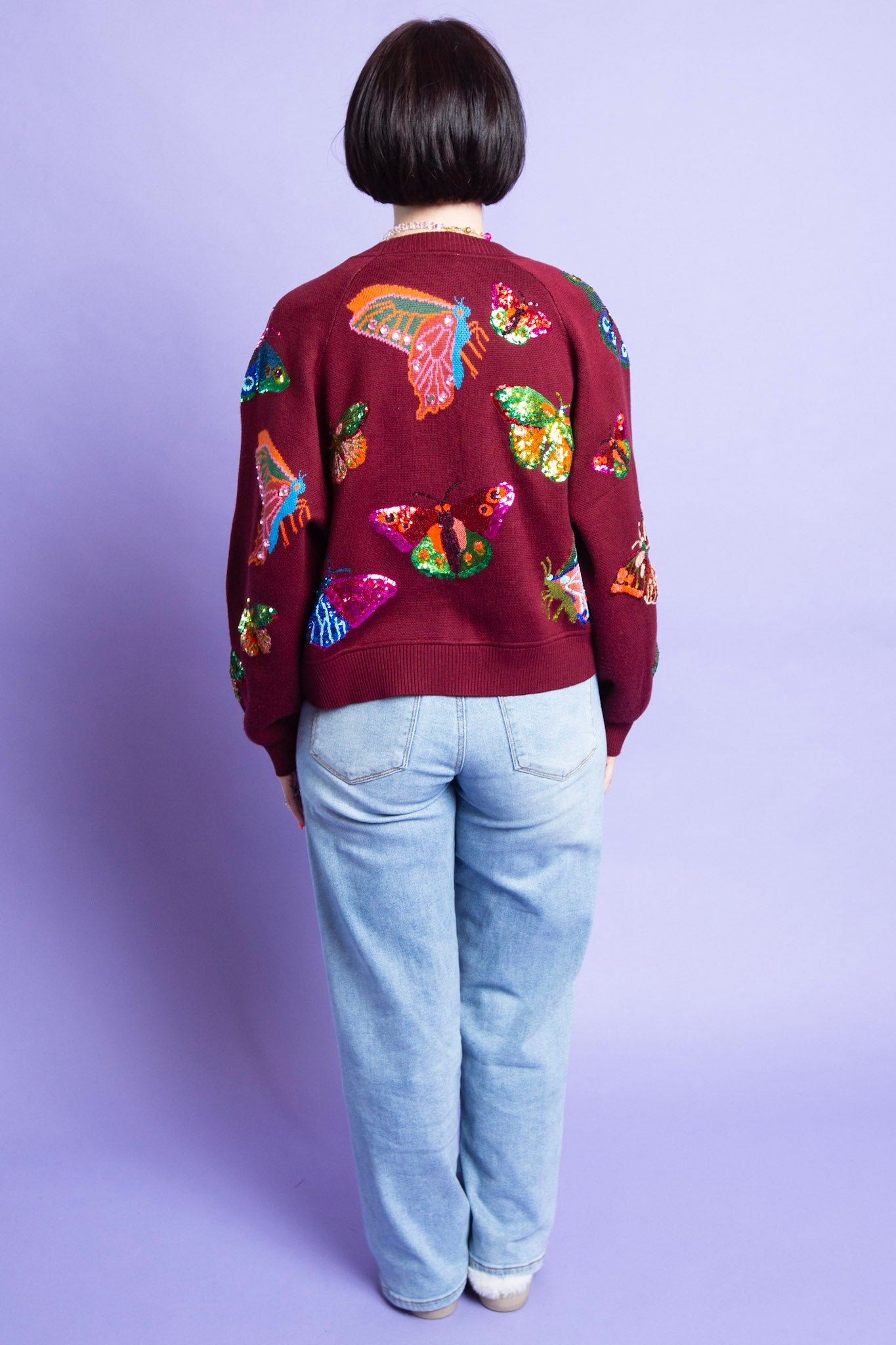 Queen of Sparkles | Maroon Multi Butterfly Knit Cardigan