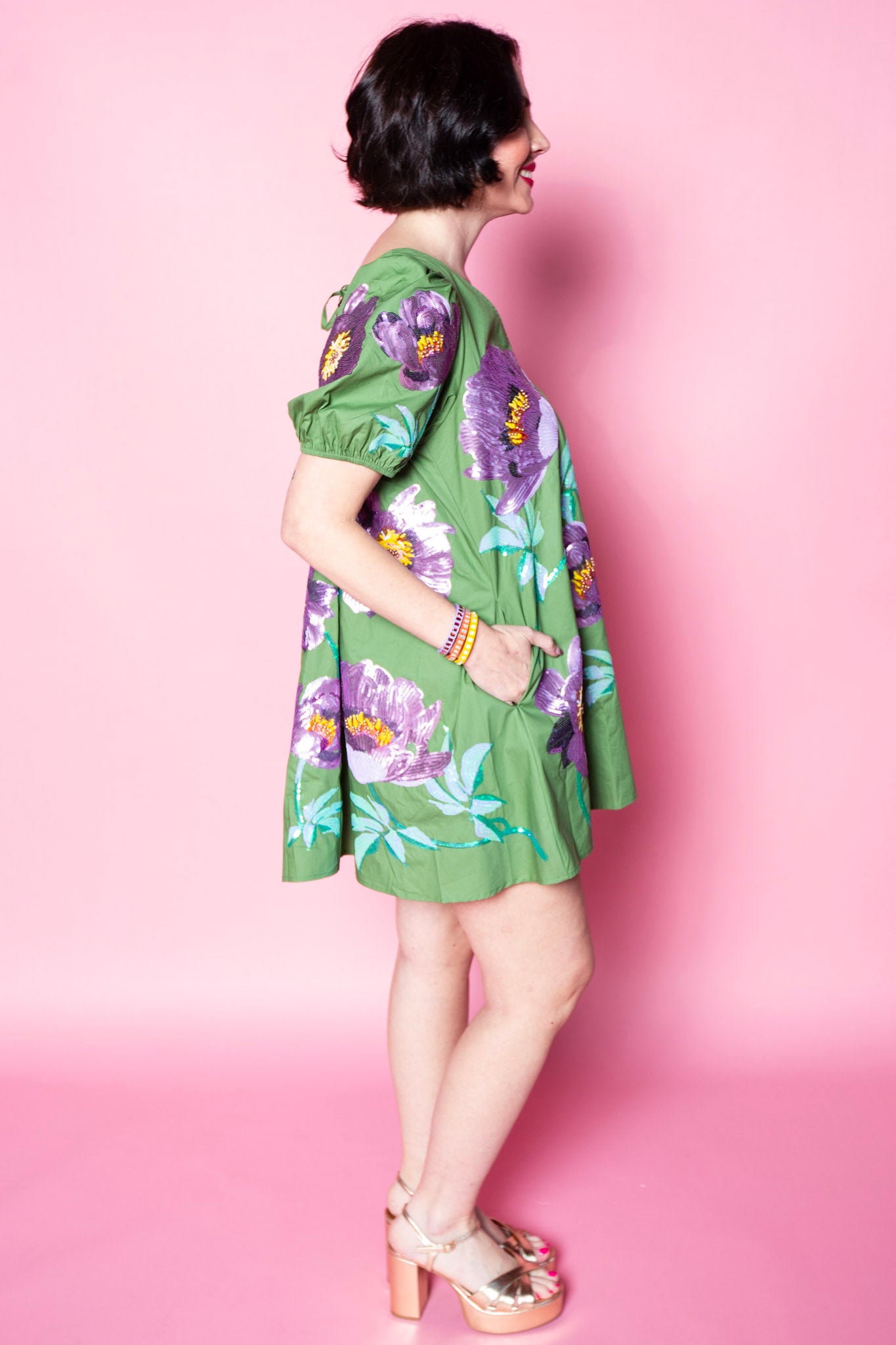 QUEEN OF SPARKLES | Green & Purple Poof Sleeve Flower Cotton Dress