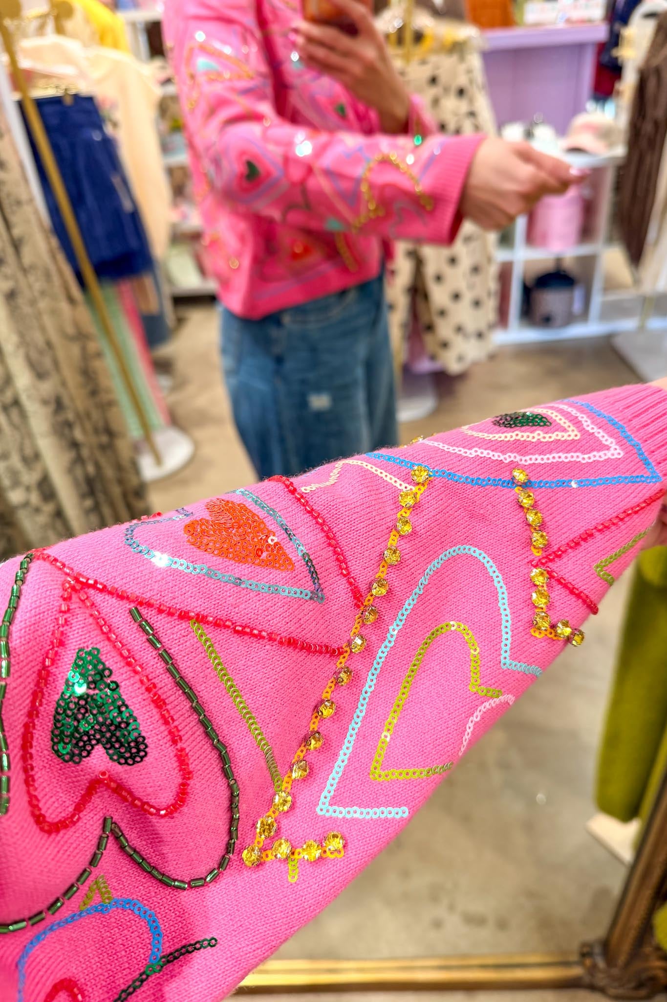 QUEEN OF SPARKLES | Hot Pink Multi Groovy Heart Tie Up Sweater
