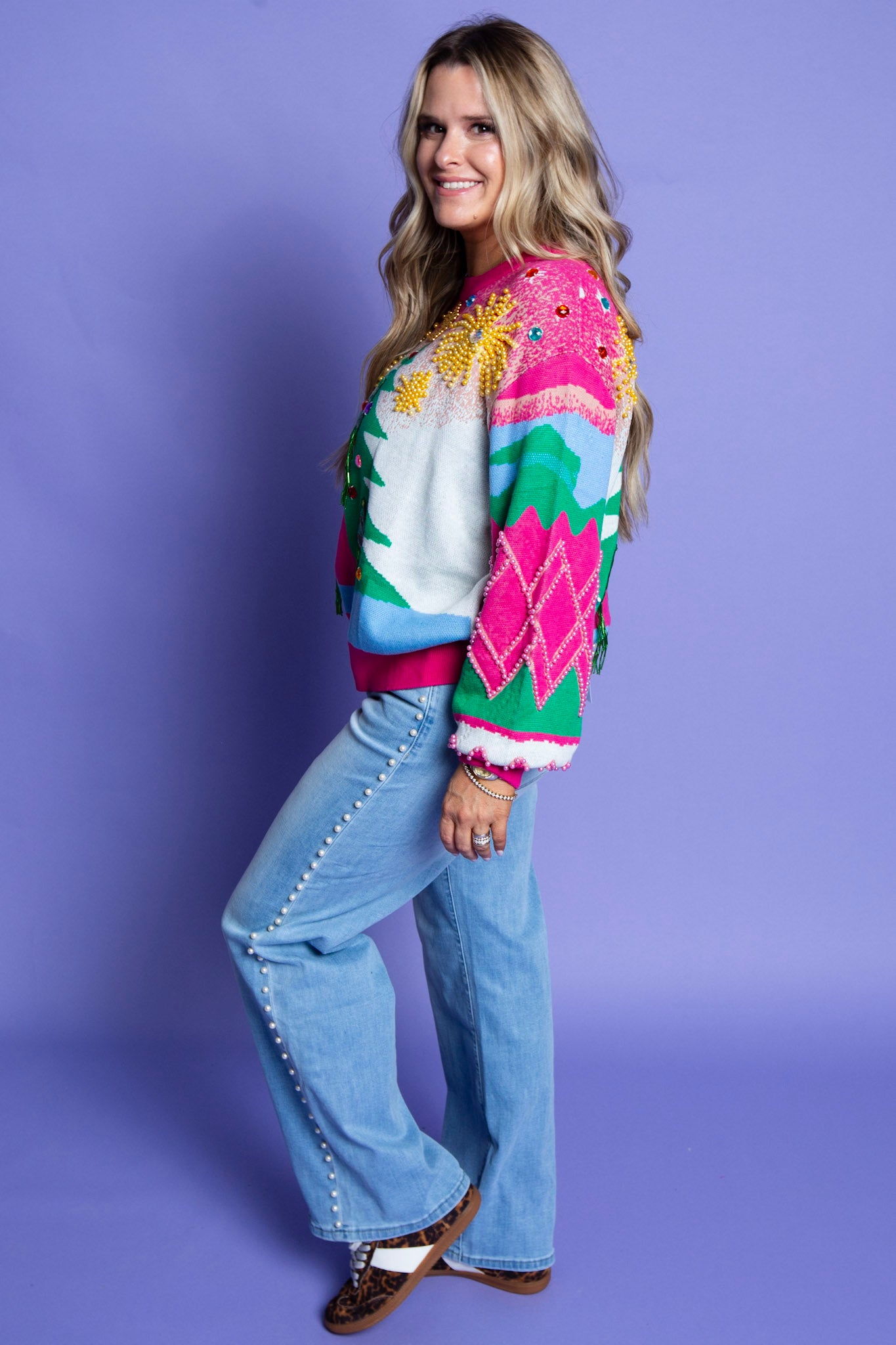 QUEEN OF SPARKLES |Multi Pearl Fringe Christmas Tree Sweater