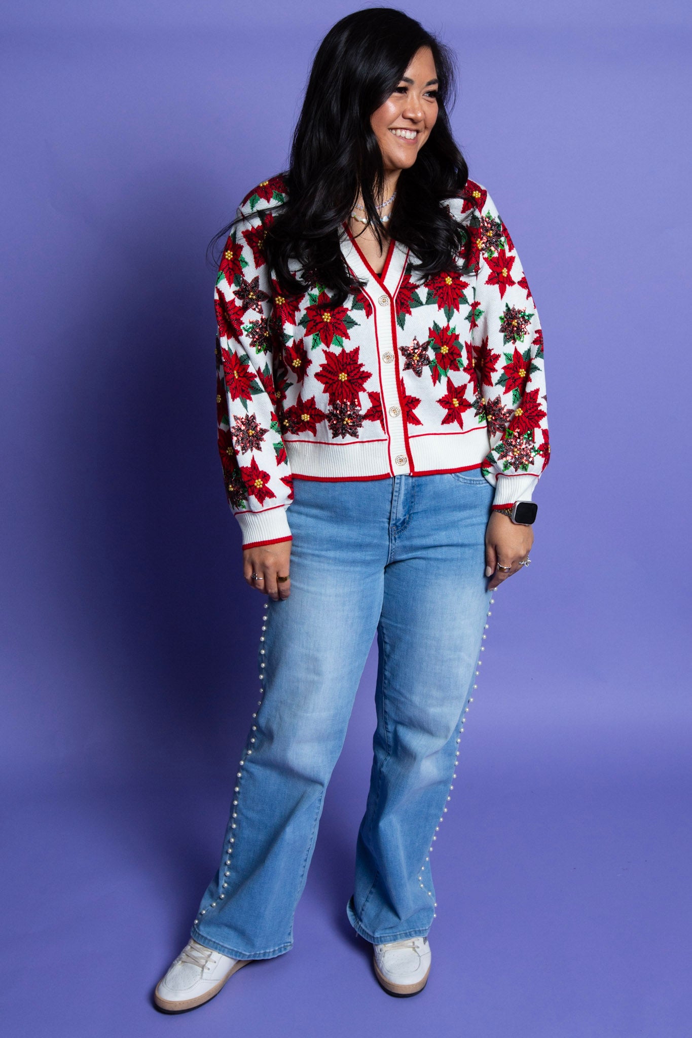 QUEEN OF SPARKLES | Poinsettia Button Up Cardigan