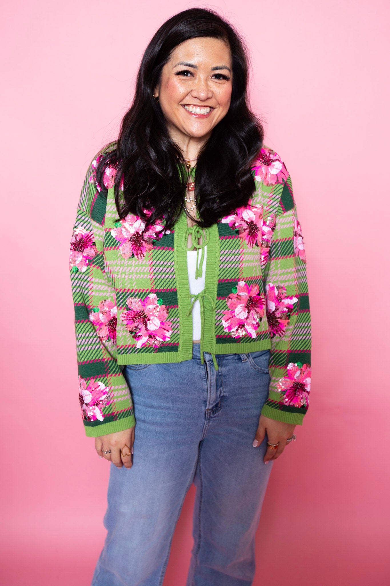 Queen of Sparkles | Green & Pink Plaid Azalea Tie Up Sweater