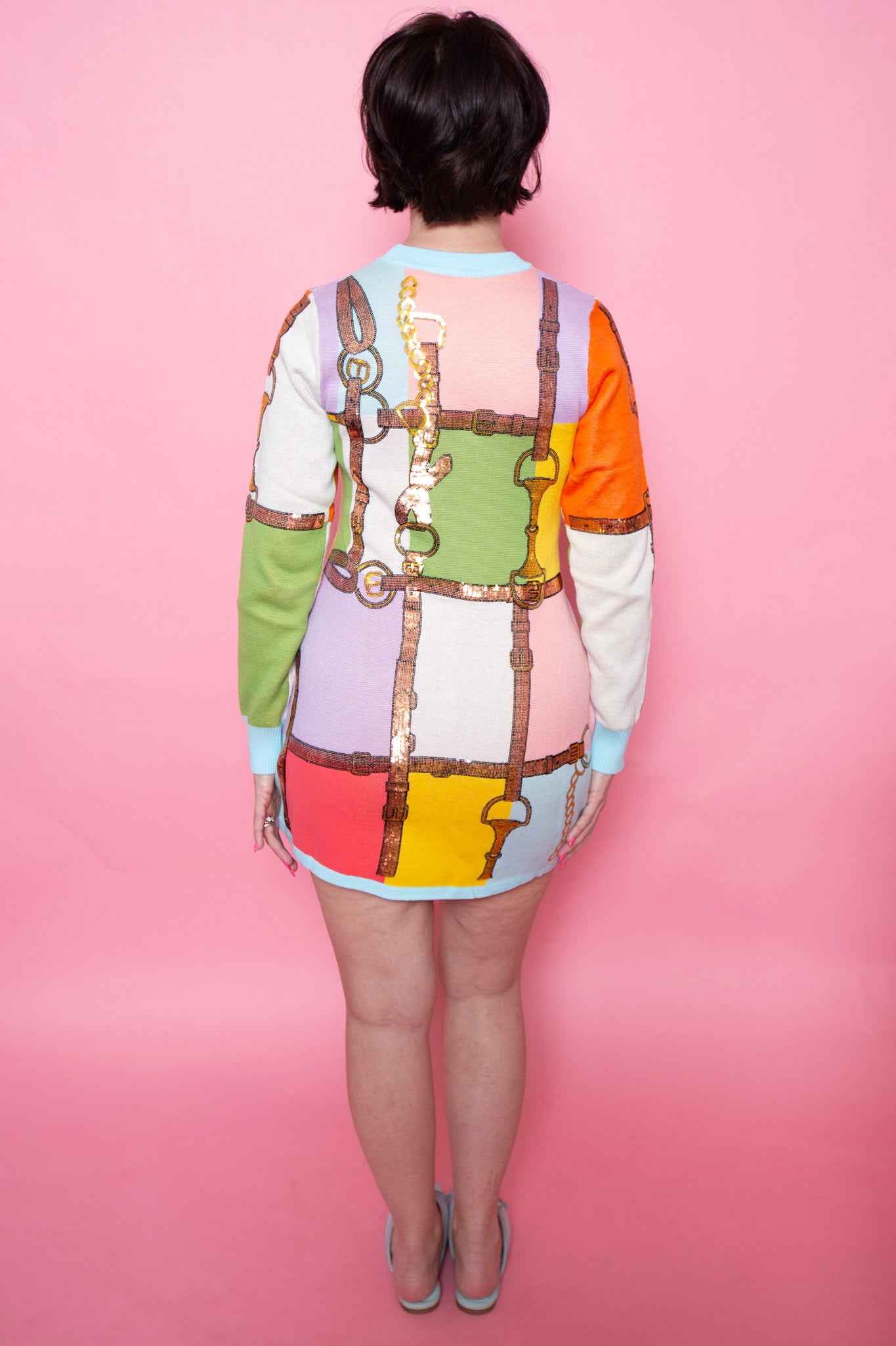 Queen Of Sparkles | Multi Colorblock Knit Horse Bit Long Sleeve Dress