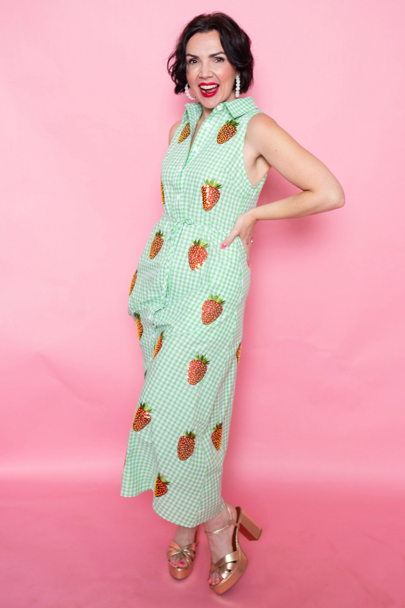 Queen Of Sparkles | Green & White Gingham Beaded Strawberry Button Up Collar Midi Dress