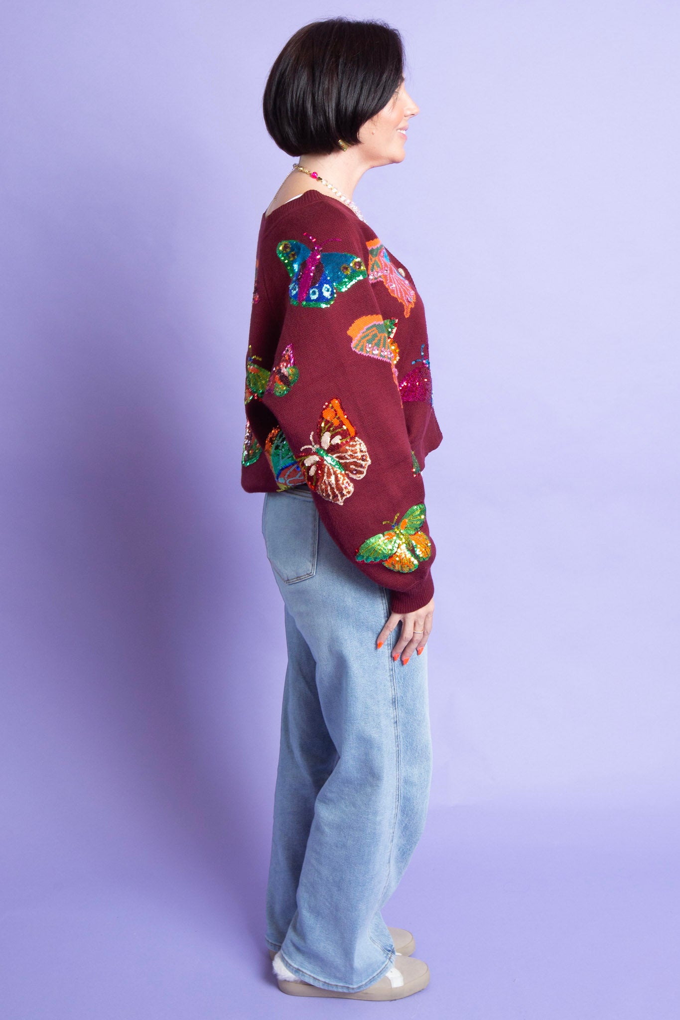 Queen of Sparkles | Maroon Multi Butterfly Knit Cardigan