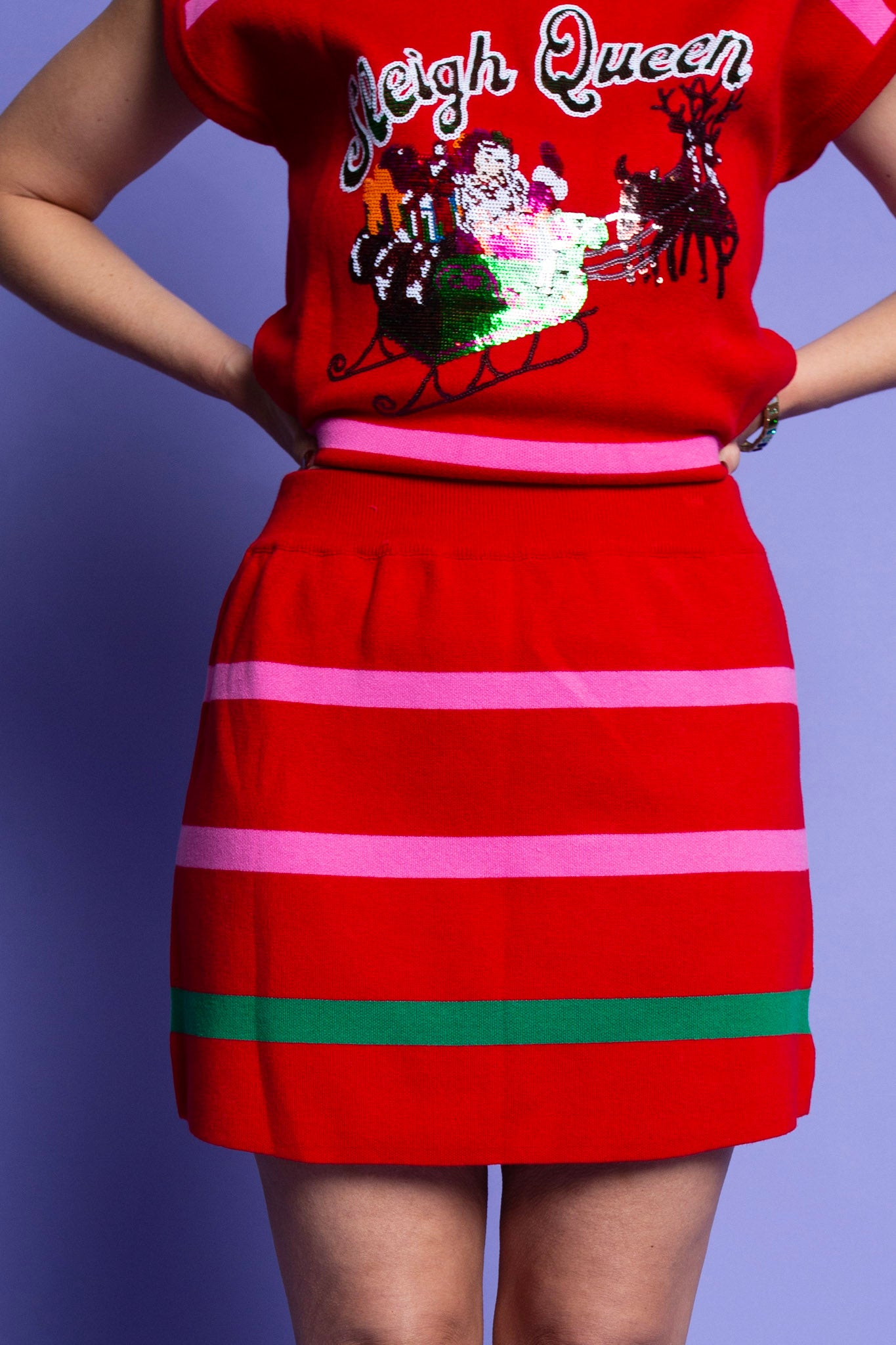 Queen of Sparkles | Red, Green & Pink Stripe Skirt
