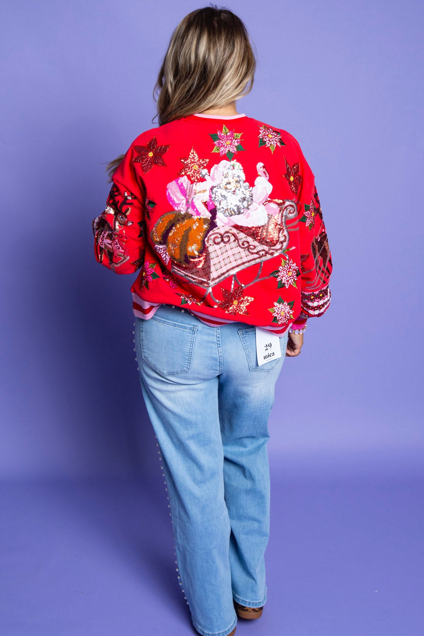 QUEEN OF SPARKLES | Red & Pink Vintage Poinsettia Santa Sweatshirt