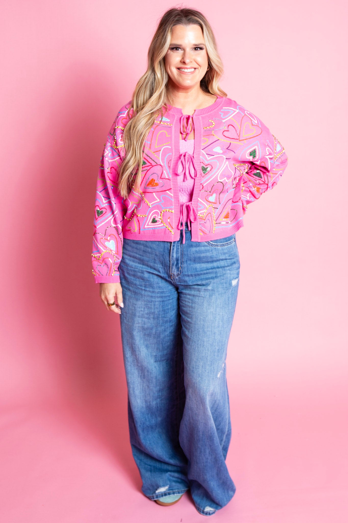 QUEEN OF SPARKLES | Hot Pink Multi Groovy Heart Tie Up Sweater