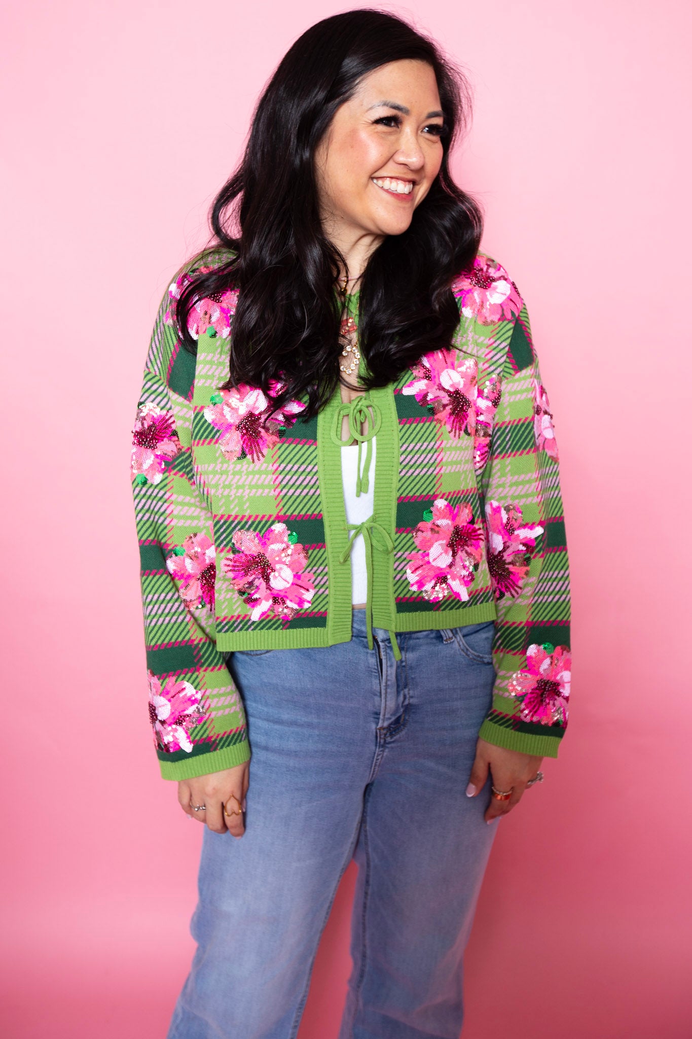 Queen of Sparkles | Green & Pink Plaid Azalea Tie Up Sweater