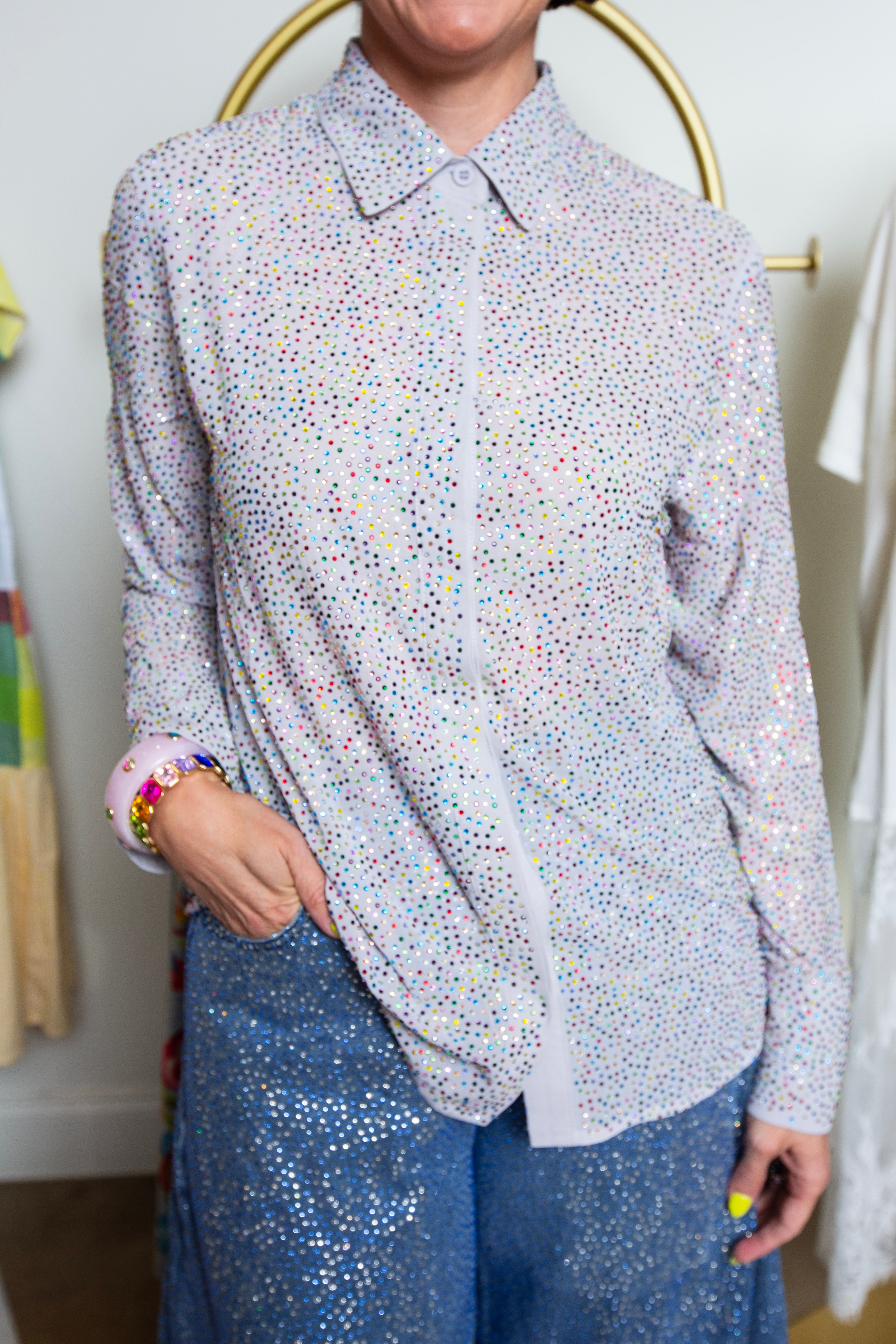 Queen Of Sparkles | Light Blue Multi Rhinestone Button Down