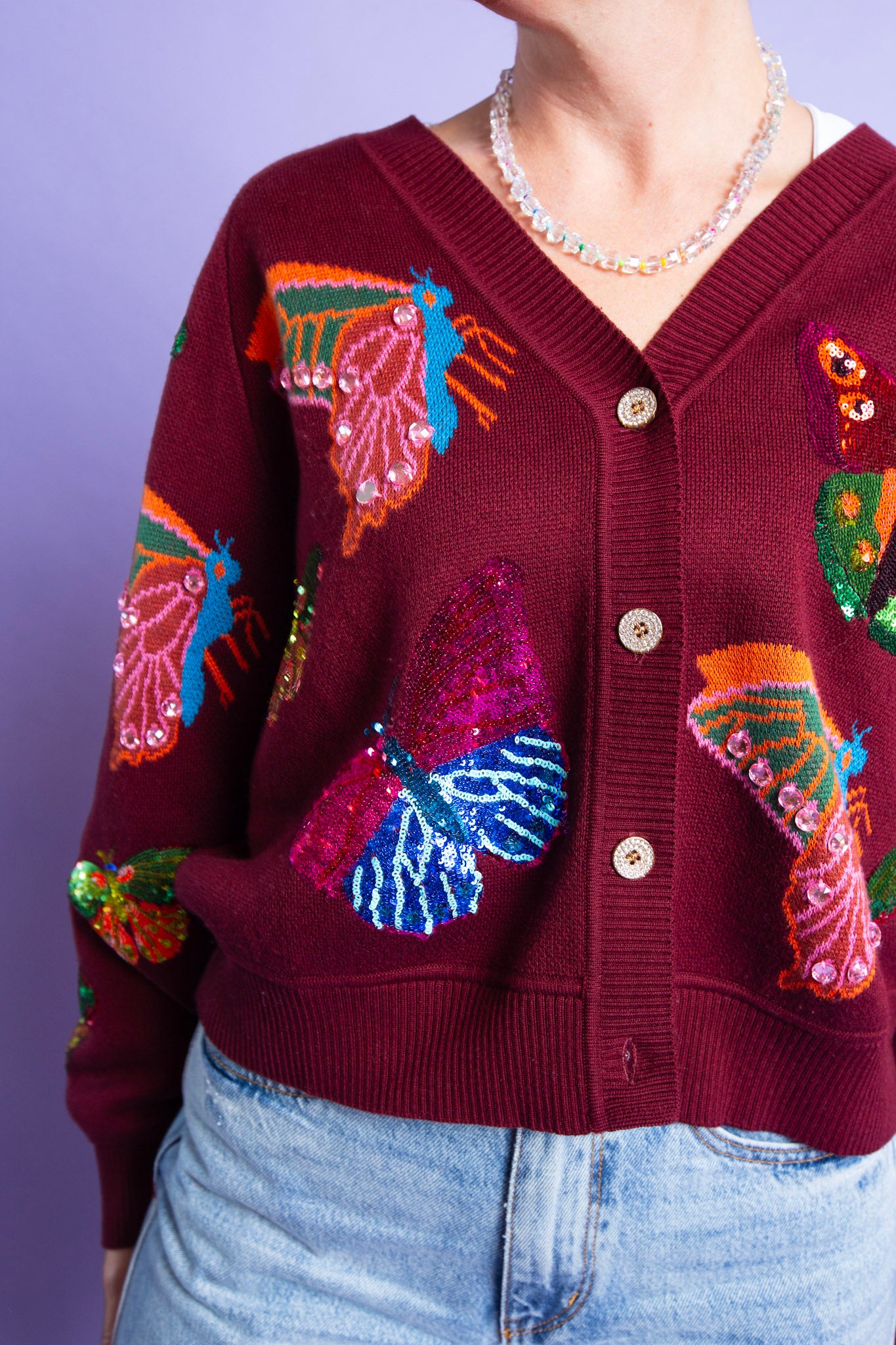 Queen of Sparkles | Maroon Multi Butterfly Knit Cardigan