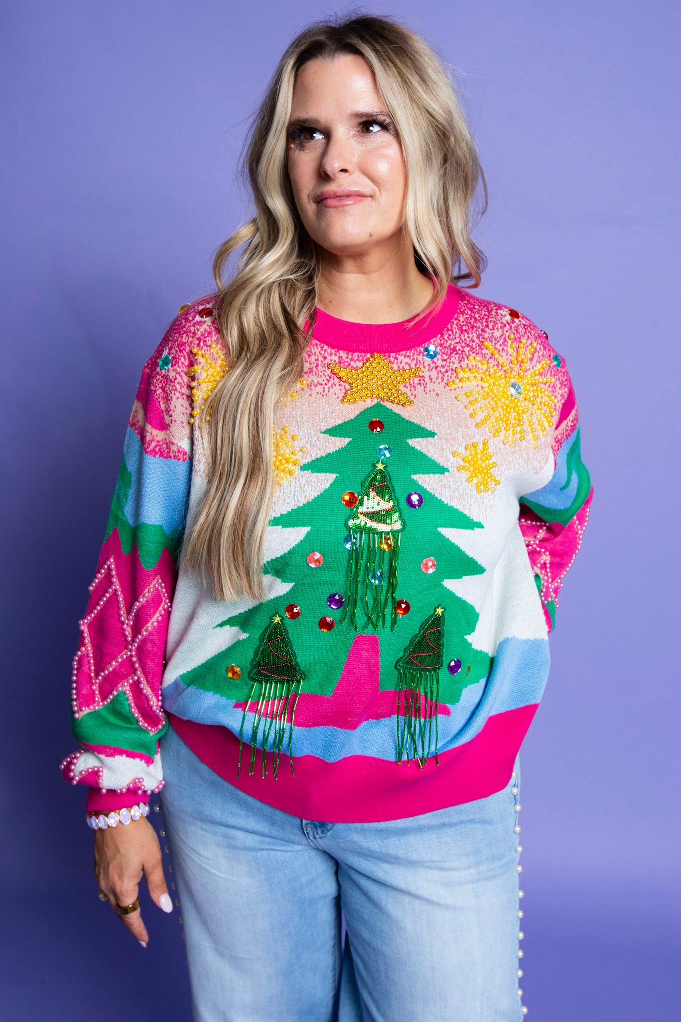 QUEEN OF SPARKLES |Multi Pearl Fringe Christmas Tree Sweater