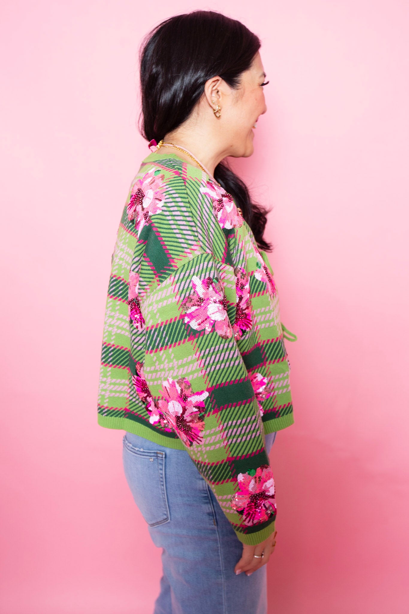 Queen of Sparkles | Green & Pink Plaid Azalea Tie Up Sweater