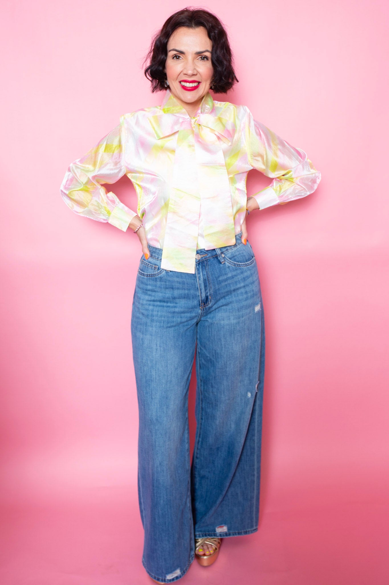 Brianna Cannon | Geometric Button Down Blouse With Bow