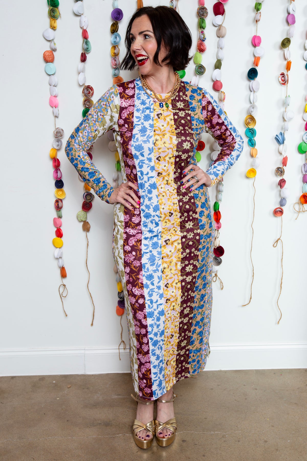 Alden Adair Dorit Dress in Golden Bouquet, a long sleeve maxi with vertical floral panels
