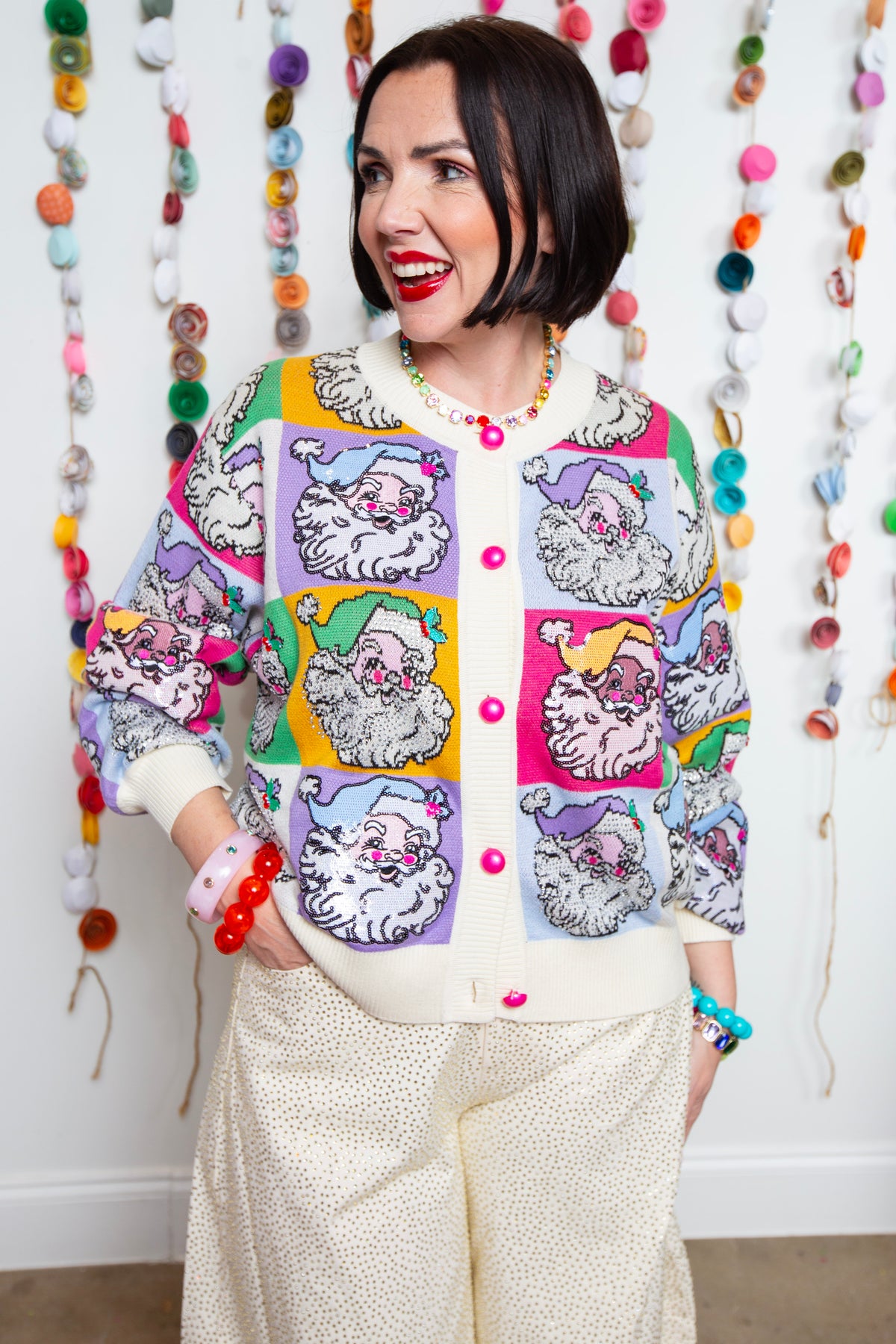 Queen Of Sparkles | Pastel Colorblock Santa Button Up Cardigan