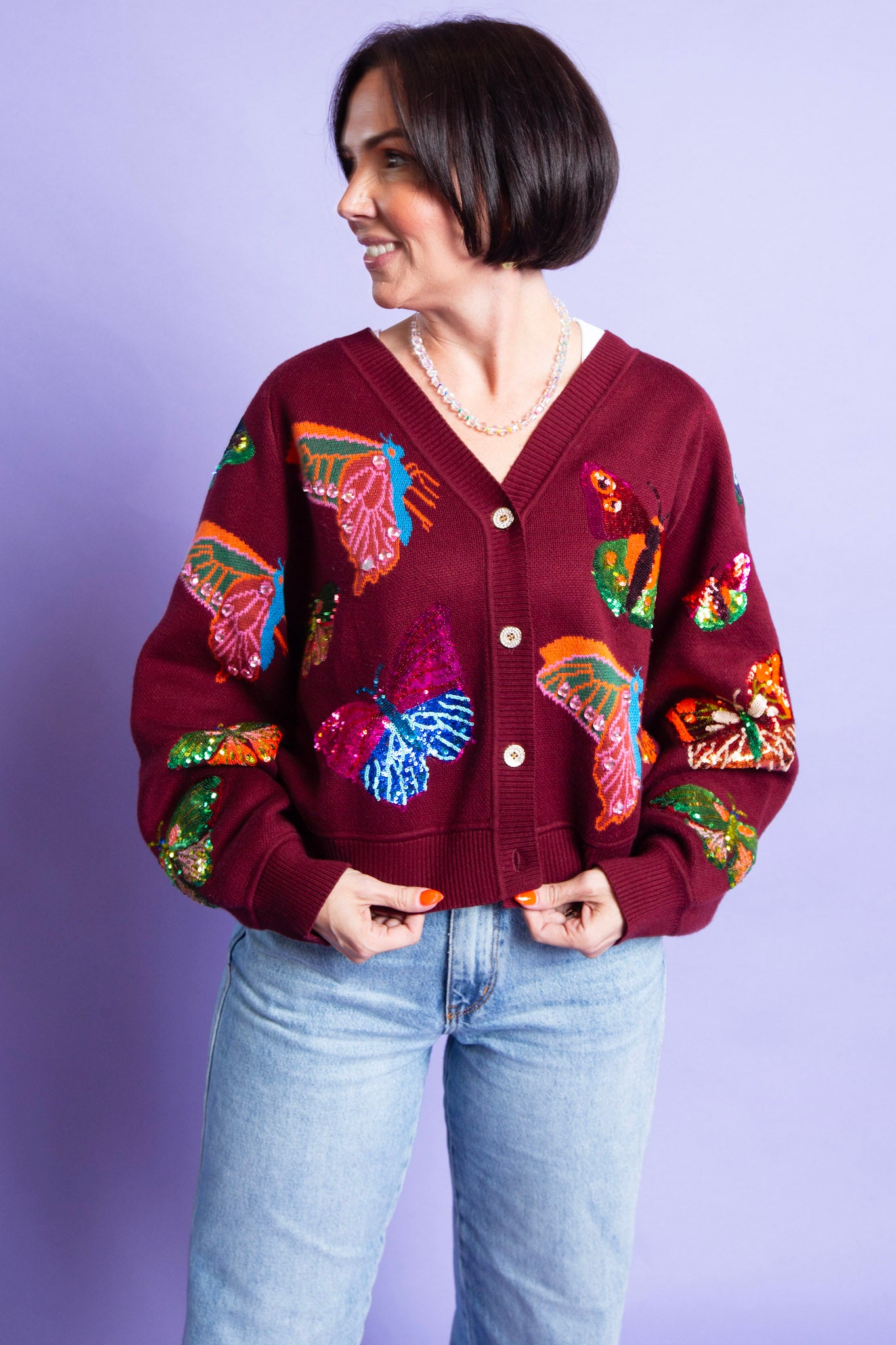 Queen of Sparkles | Maroon Multi Butterfly Knit Cardigan