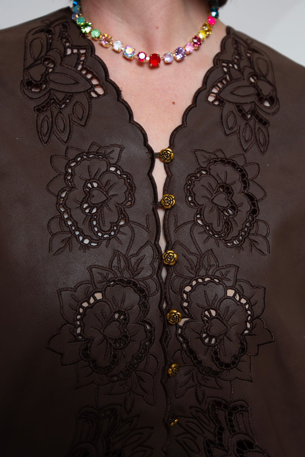 Boho Vegan Leather Embroidered Blouse