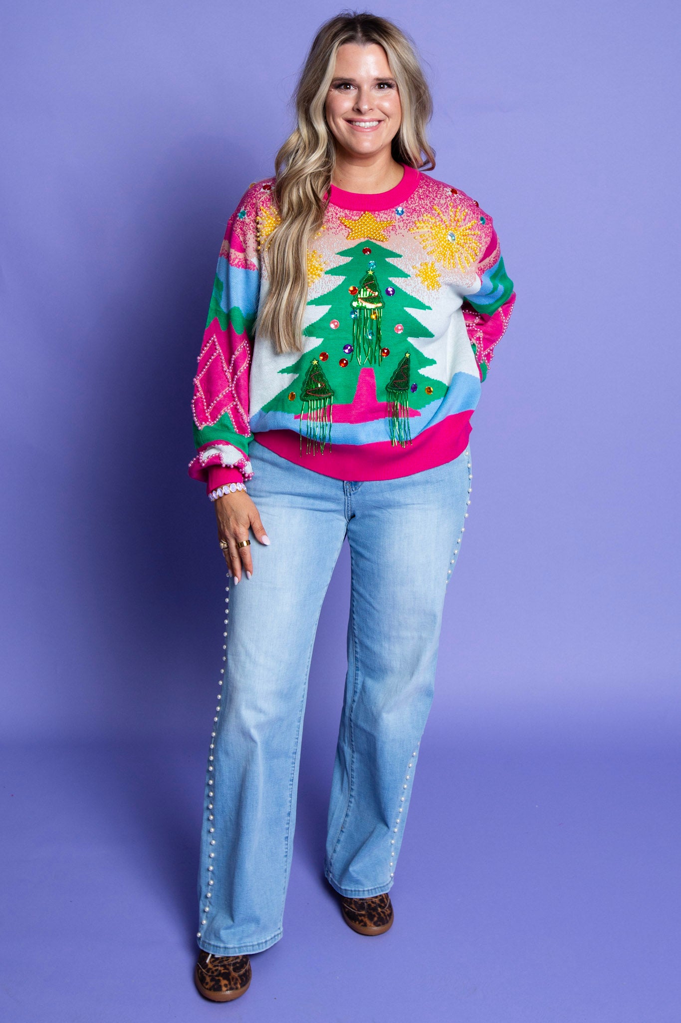 QUEEN OF SPARKLES | Multi Pearl Fringe Christmas Tree Sweater
