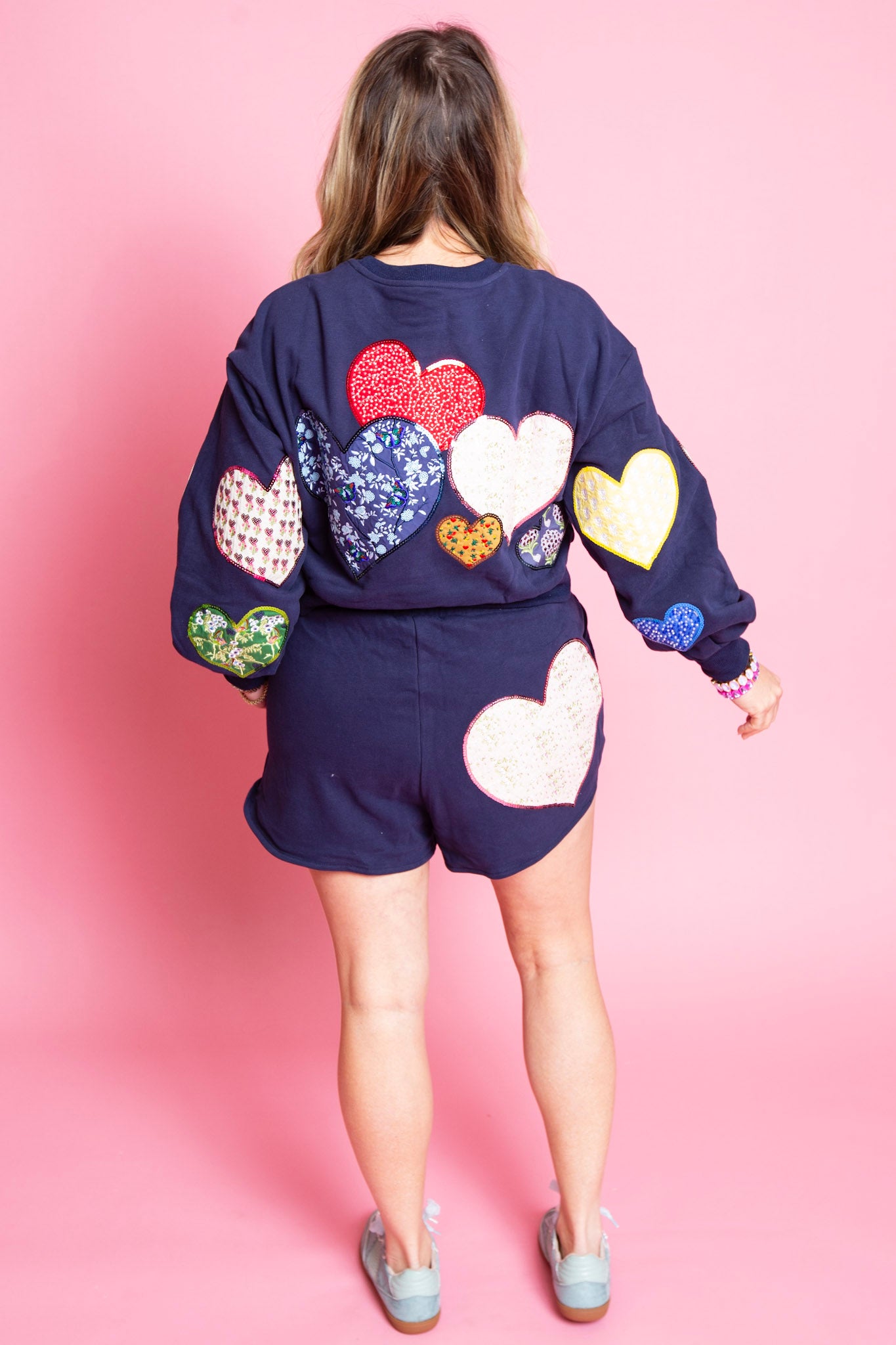 QUEEN OF SPARKLES | Navy Multi Embroidered Hearts Short