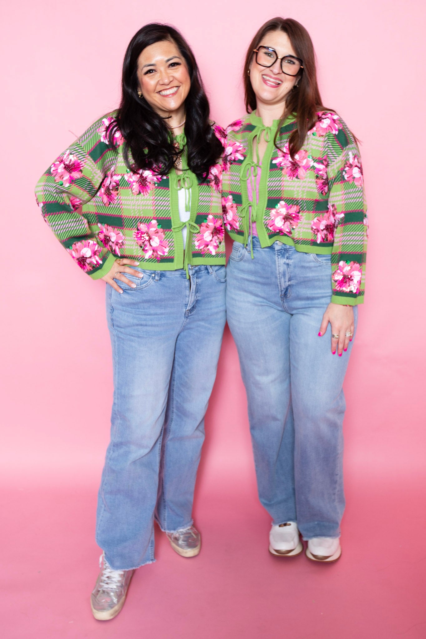 Queen of Sparkles | Green & Pink Plaid Azalea Tie Up Sweater