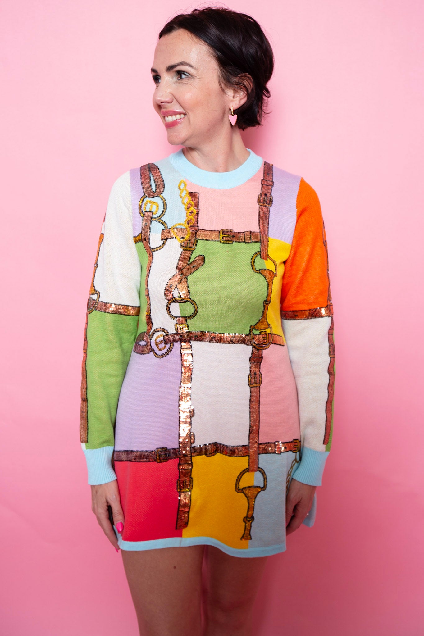 Queen Of Sparkles | Multi Colorblock Knit Horse Bit Long Sleeve Dress
