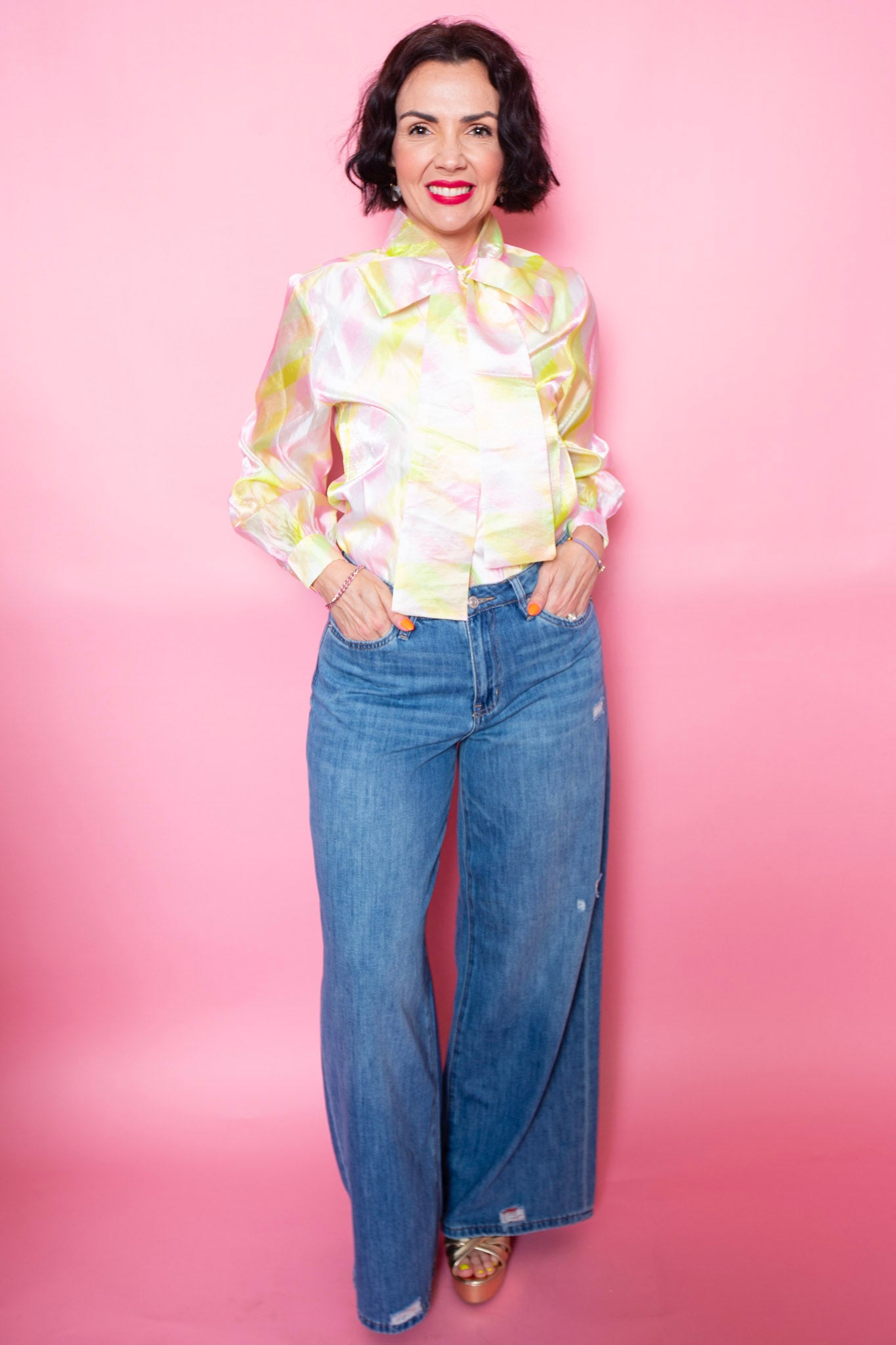 Brianna Cannon | Geometric Button Down Blouse With Bow
