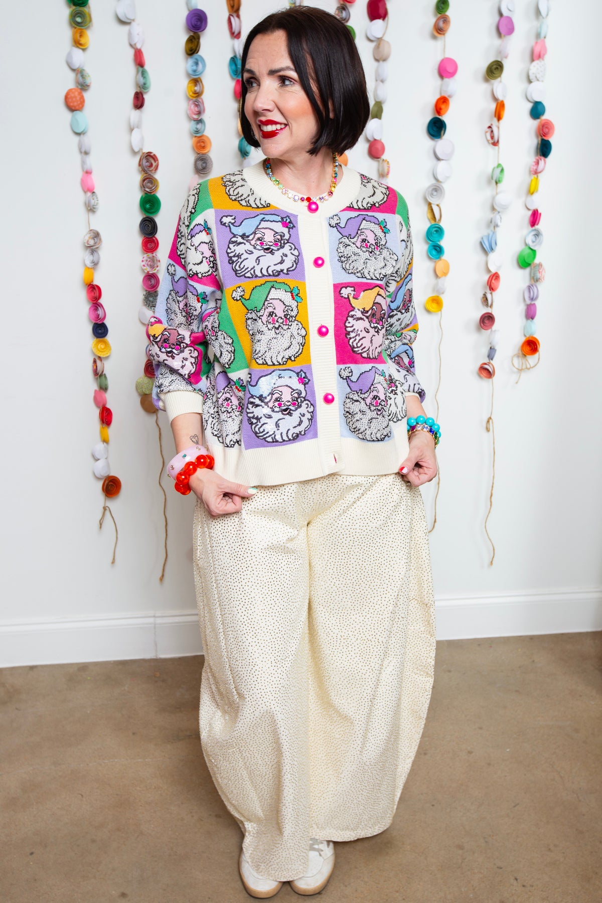 Queen Of Sparkles | Pastel Colorblock Santa Button Up Cardigan