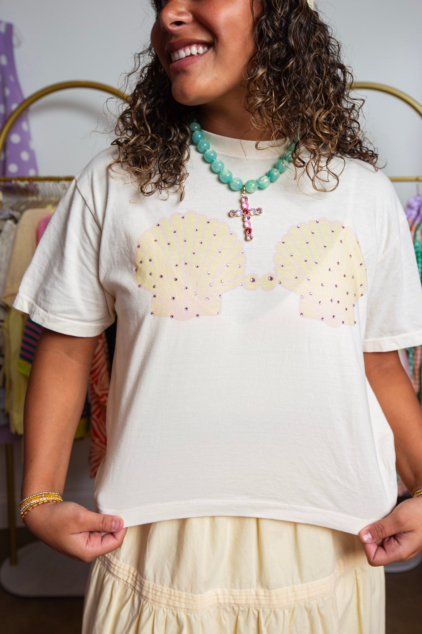 Seashell Bikini Bling Mom Crop Bling Tee Ivory