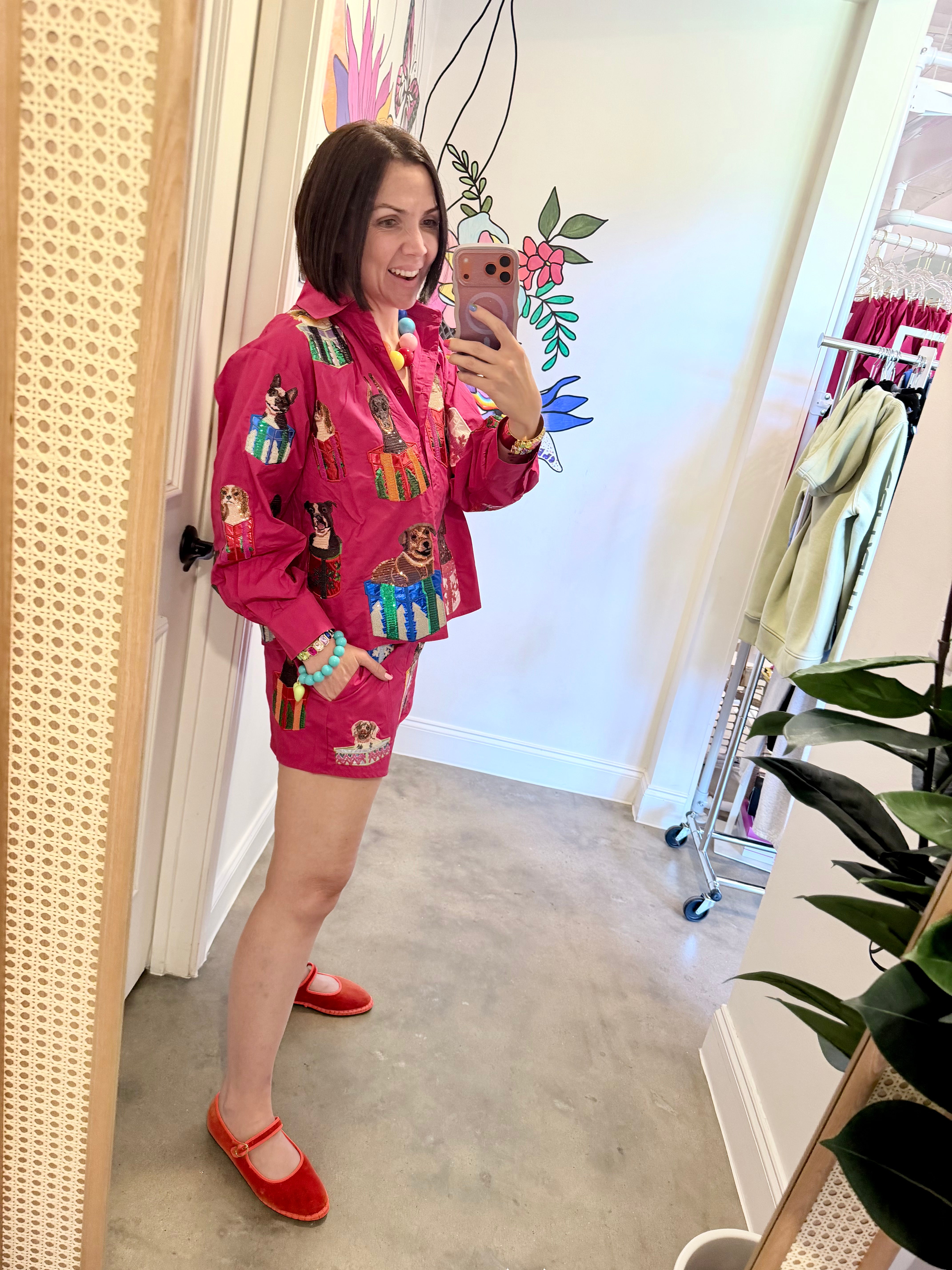 Queen Of Sparkles | Hot Pink Dogs in Present Boxes Button Up Top