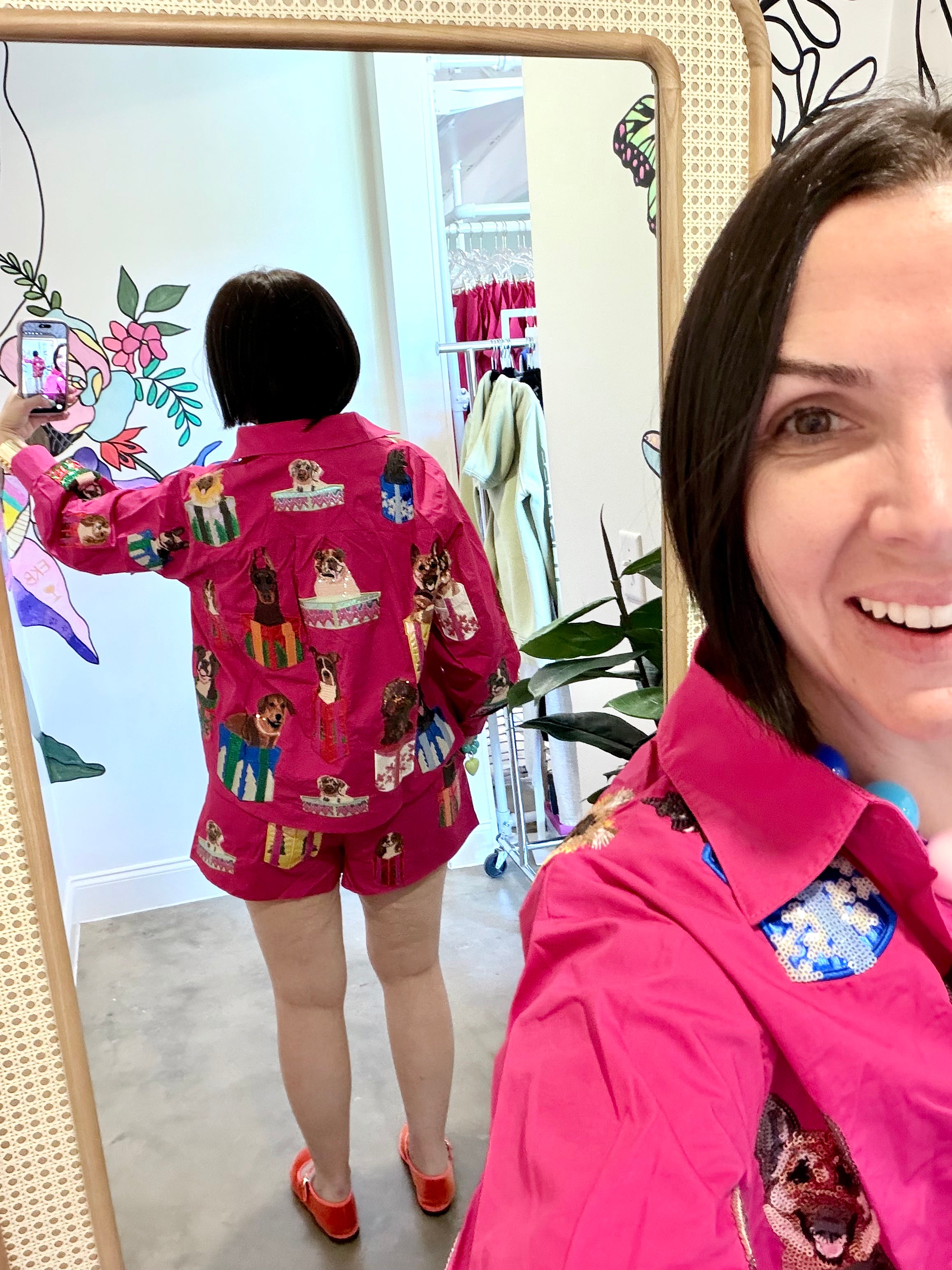 Queen Of Sparkles | Hot Pink Dogs in Present Boxes Button Up Top