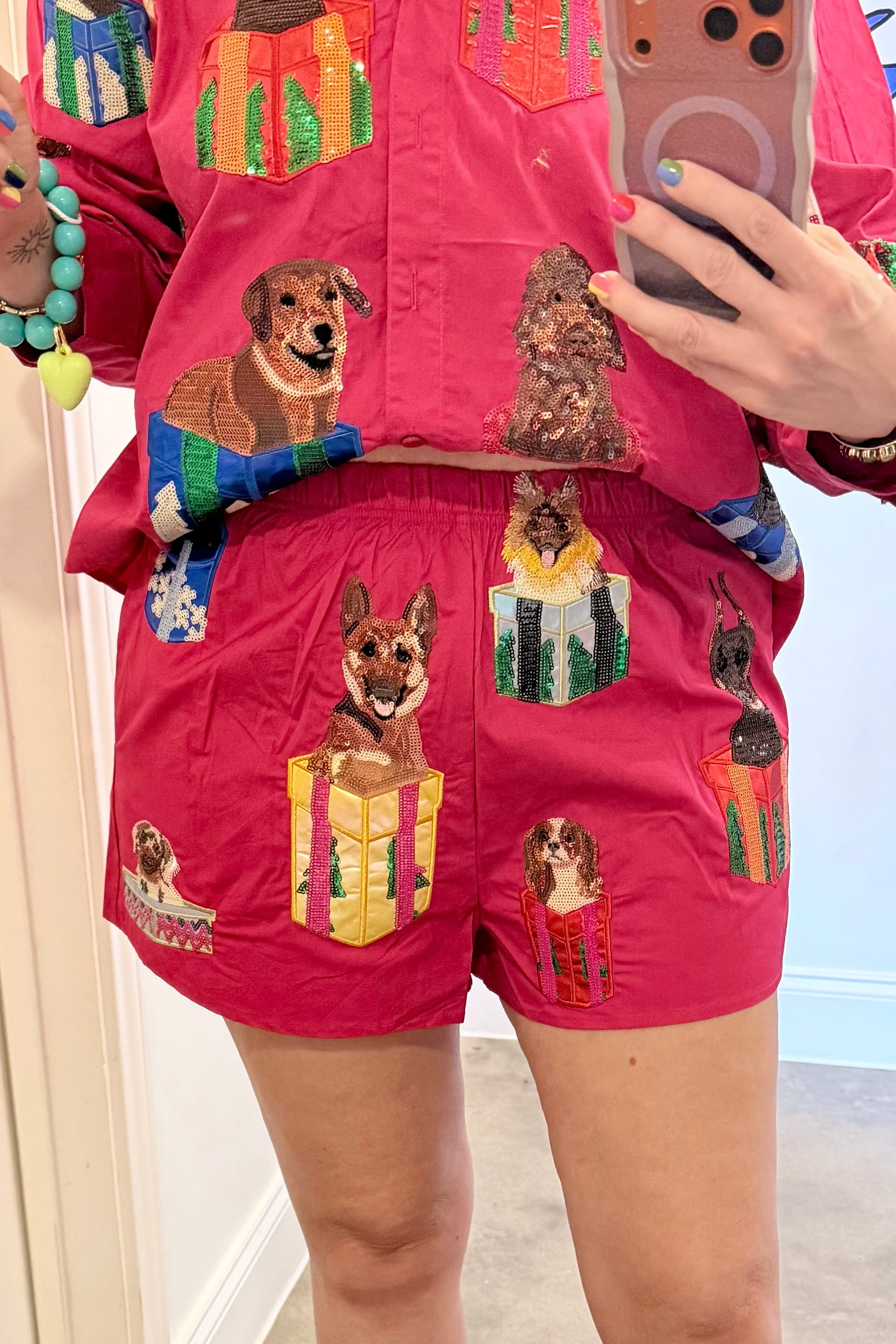 Queen Of Sparkles | Hot Pink Dogs in Present Boxes Shorts