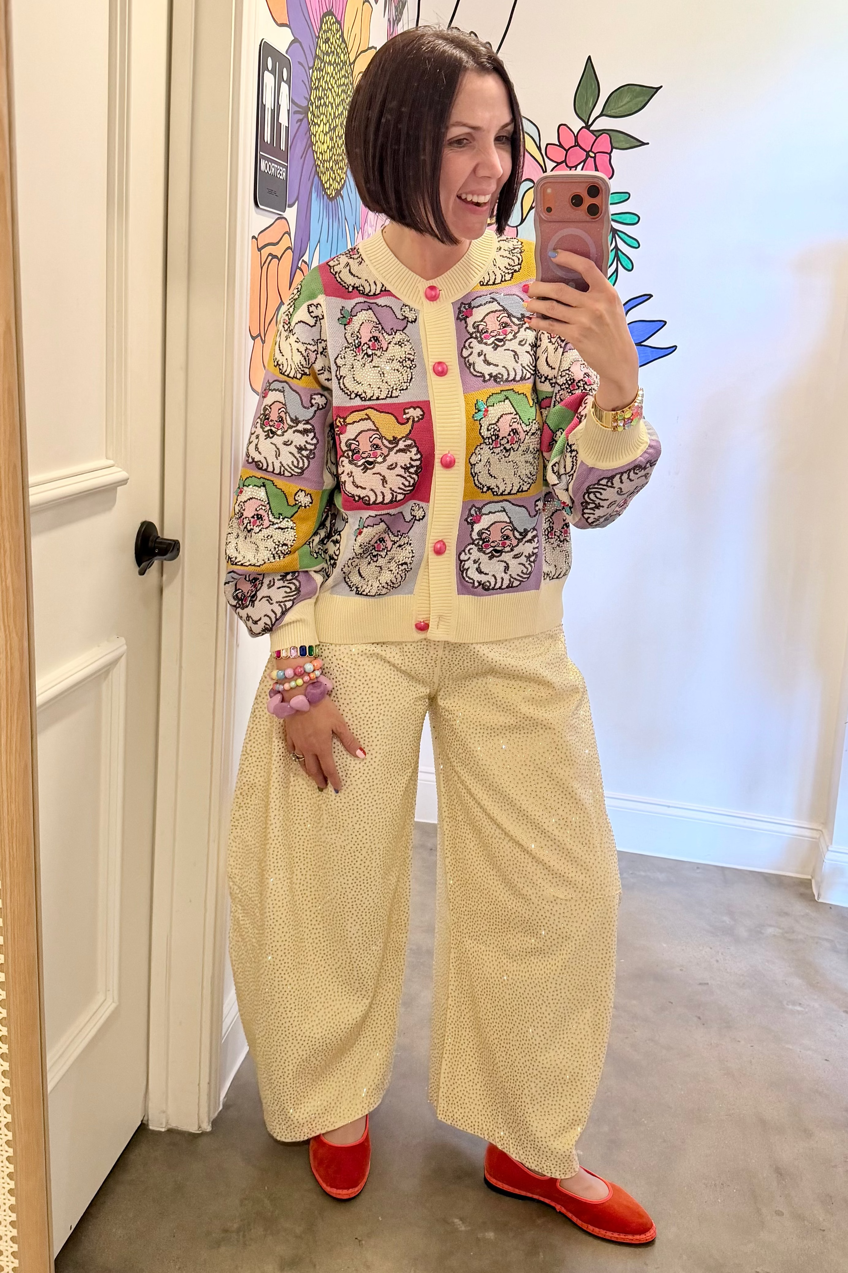 Queen Of Sparkles | Pastel Colorblock Santa Button Up Cardigan
