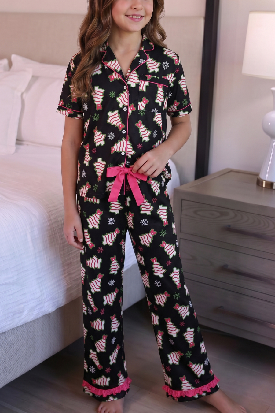 Pre Order Merry Bow Christmas Treat Girls Ruffle Pajama Set