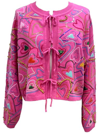 QUEEN OF SPARKLES | Hot Pink Multi Groovy Heart Tie Up Sweater