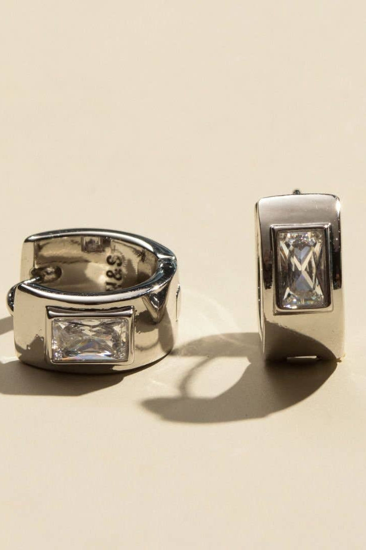 Nickel & Suede | Silver Classic Baguette Bezel Huggies