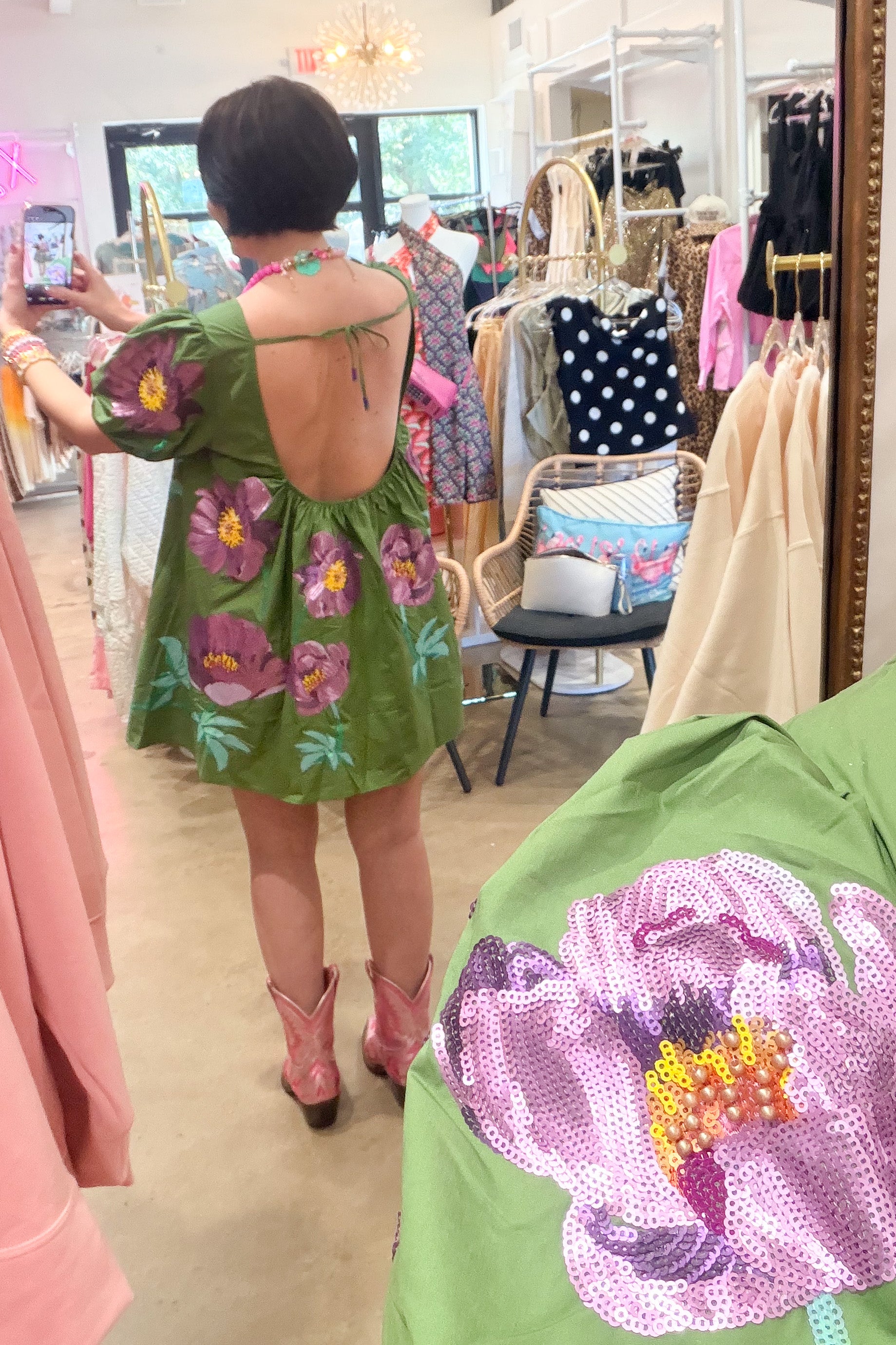 QUEEN OF SPARKLES | Green & Purple Poof Sleeve Flower Cotton Dress