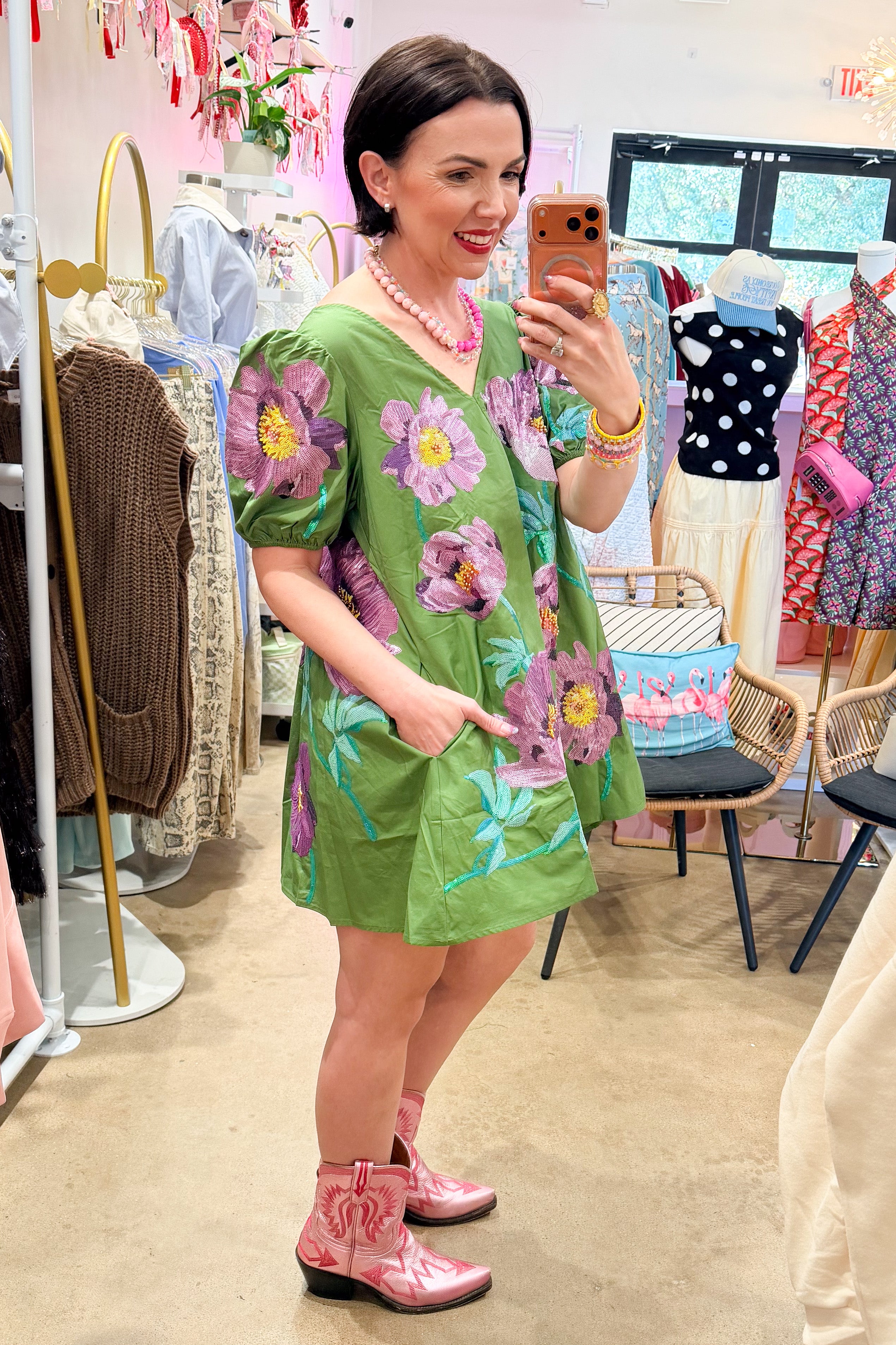 QUEEN OF SPARKLES | Green & Purple Poof Sleeve Flower Cotton Dress