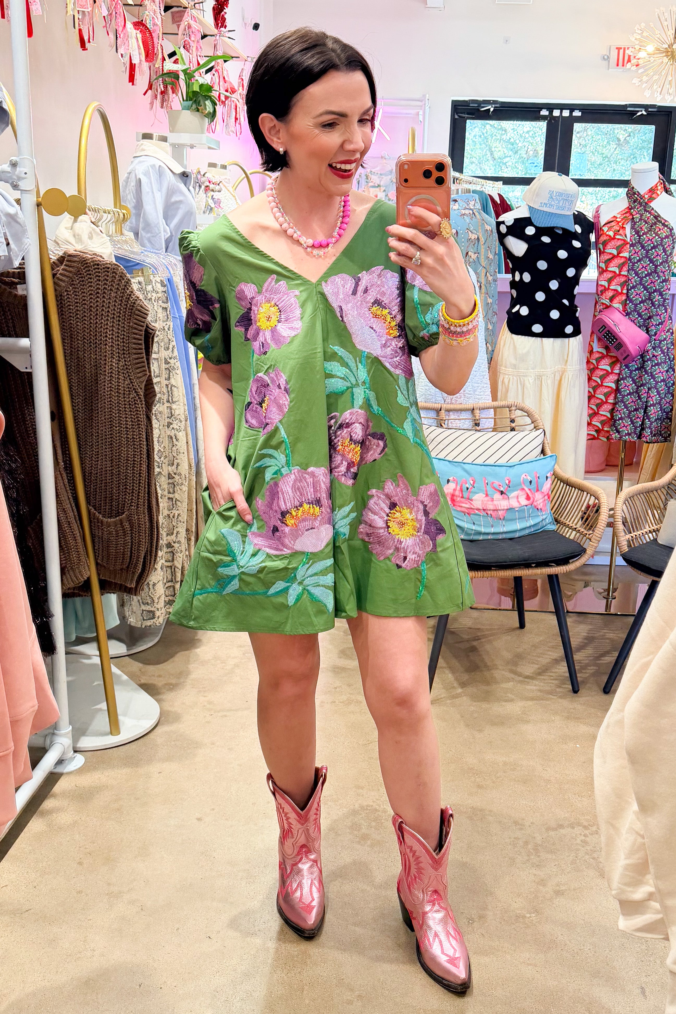 QUEEN OF SPARKLES | Green & Purple Poof Sleeve Flower Cotton Dress