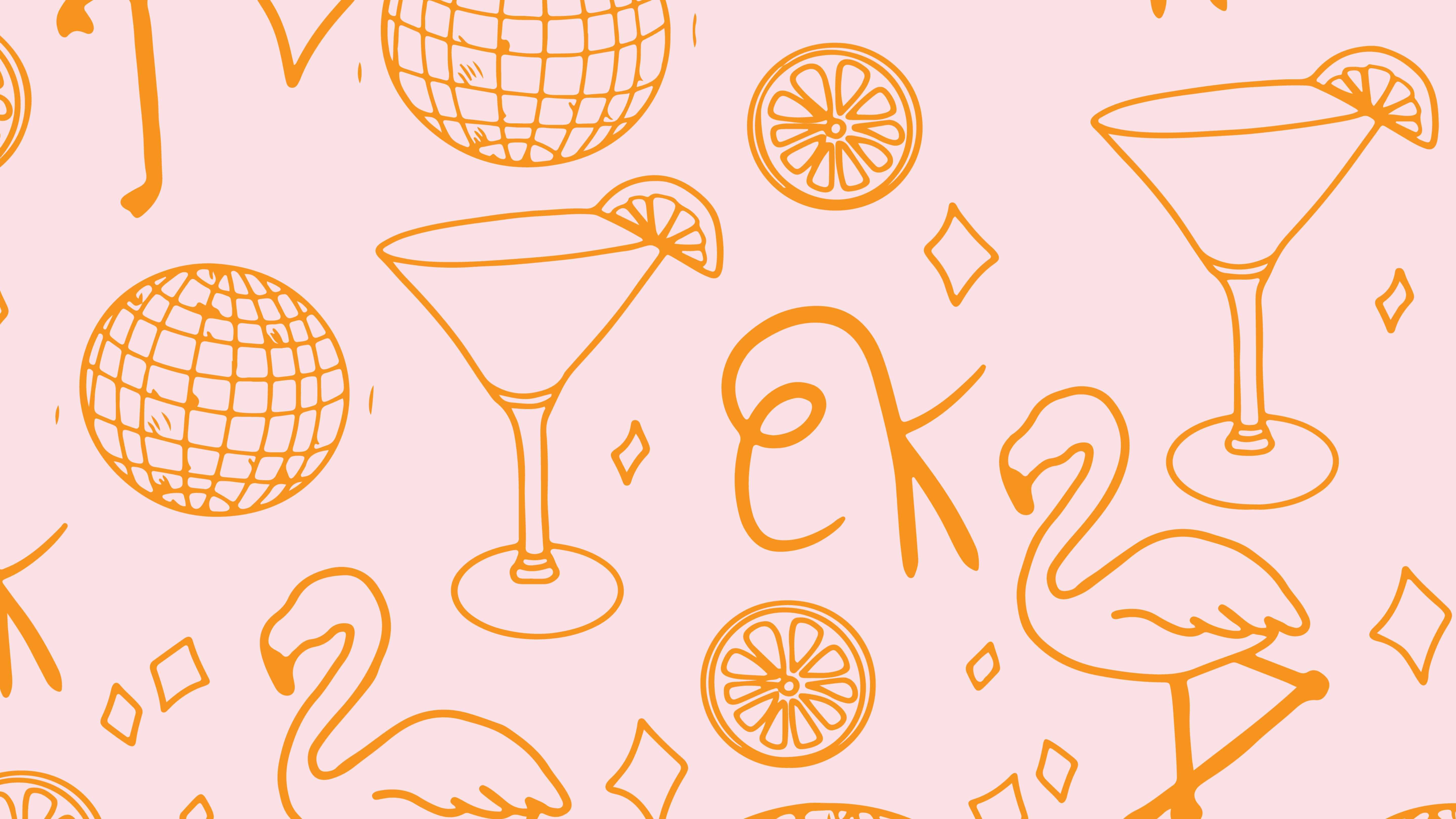 Pink background with orange line art illustrations of flamingos, martini glasses with citrus slices, disco balls, citrus wheels, diamonds, and 'ek' initials