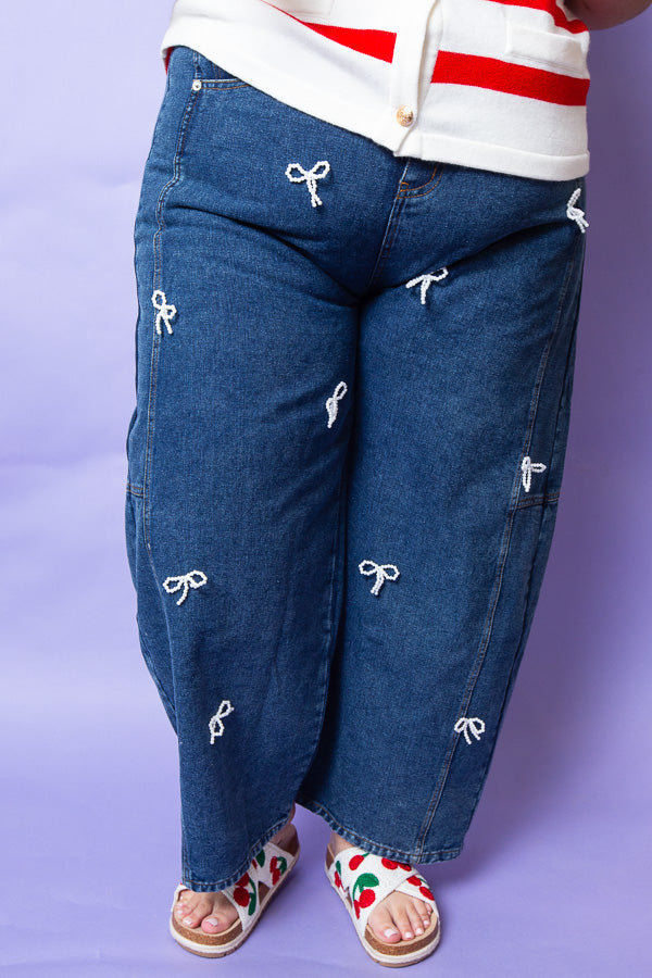 Pearl Bow Denim Barrel Jeans | Plus