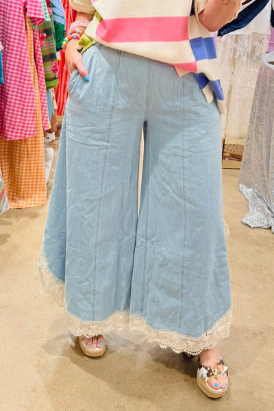 Wide Leg Tulip Lace Hem Jeans