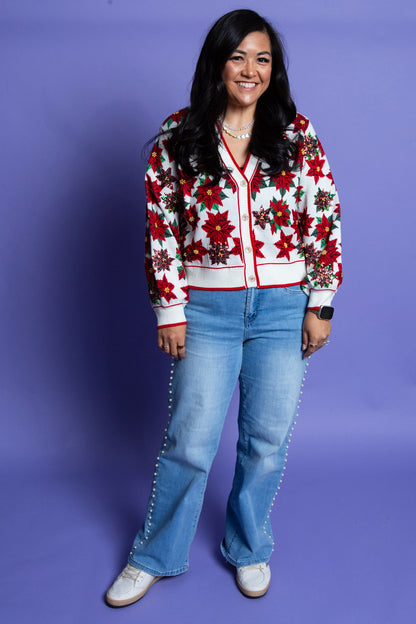 QUEEN OF SPARKLES | Poinsettia Button Up Cardigan