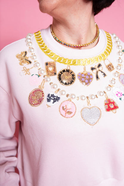 QUEEN OF SPARKLES | Pink Hearts Charm Necklace Sweatshirt